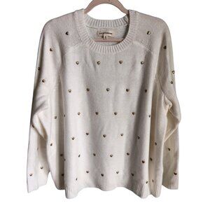 Lucky Brand Sweater Women's 2XL XXL Ivory Gold Heart Stud Crewneck NWOT